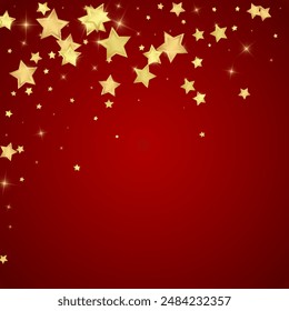 Magic stars vector overlay.  Gold stars scattered around randomly, falling down, floating.  Chaotic dreamy childish overlay template. Vector fairytale  on red background.
