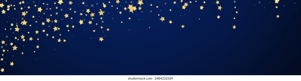 Magic stars vector overlay.  Gold stars scattered around randomly, falling down, floating.  Chaotic dreamy childish overlay template. Magical cartoon night sky on dark blue background.