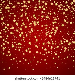 Magische Sterne Vektorgrafik Overlay.  Goldsterne verstreuten sich zufällig, fallen herunter, treiben.  Chaotische verträumte kindliche Overlay-Vorlage. Bezaubernde Vektorgrafik mit magischen Sternen auf rotem Hintergrund.