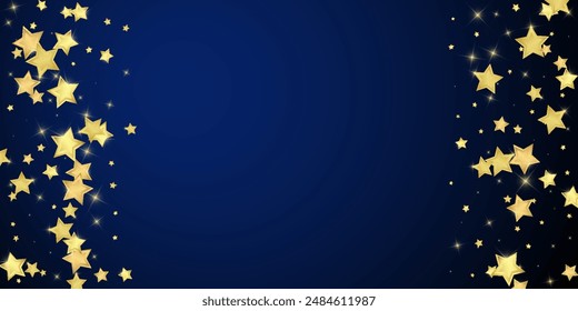 Magic stars vector overlay.  Gold stars scattered around randomly, falling down, floating.  Chaotic dreamy childish overlay template. on dark blue background.