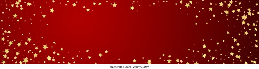 Magische Sterne Vektorgrafik Overlay.  Goldsterne verstreuten sich zufällig, fallen herunter, treiben.  Chaotische verträumte kindliche Overlay-Vorlage. Vektorgrafik Magic Overlay auf rotem Hintergrund.