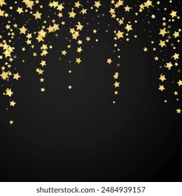 Magic stars vector overlay.  Gold stars scattered around randomly, falling down, floating.  Chaotic dreamy childish overlay template. Enchanting vector with magic stars on black background.