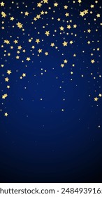 Magic stars vector overlay.  Gold stars scattered around randomly, falling down, floating.  Chaotic dreamy childish overlay template. Vector magic overlay  on dark blue background.