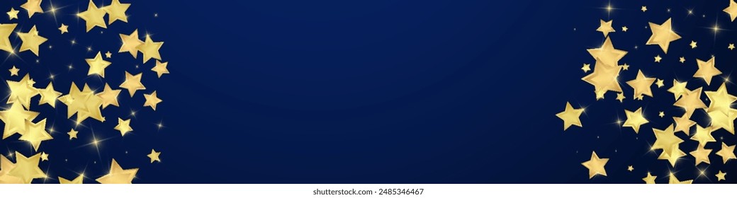 Magic stars vector overlay.  Gold stars scattered around randomly, falling down, floating.  Chaotic dreamy childish overlay template. Magical cartoon night sky on dark blue background.