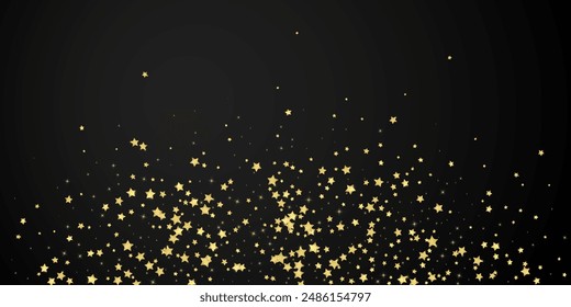 Magic stars vector overlay.  Gold stars scattered around randomly, falling down, floating.  Chaotic dreamy childish overlay template. Magical cartoon night sky on black background.