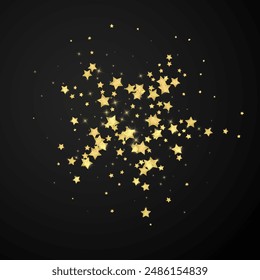 Magic stars vector overlay.  Gold stars scattered around randomly, falling down, floating.  Chaotic dreamy childish overlay template. Miraculous starry night vector  on black background.