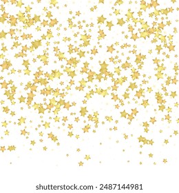 Superposición de Vector de estrellas mágicas.  Estrellas de oro esparcidas al azar, cayendo, flotando.  Plantilla de superposición infantil de ensueño caótico. sobre fondo blanco.