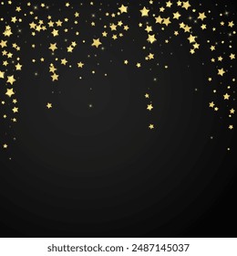 Magic stars vector overlay.  Gold stars scattered around randomly, falling down, floating.  Chaotic dreamy childish overlay template. Vector magic overlay  on black background.