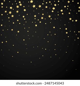 Magic stars vector overlay.  Gold stars scattered around randomly, falling down, floating.  Chaotic dreamy childish overlay template. Vector magic overlay  on black background.