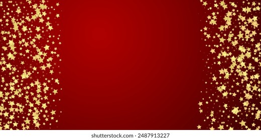 Magic stars vector overlay.  Gold stars scattered around randomly, falling down, floating.  Chaotic dreamy childish overlay template. Vector fairytale  on red background.