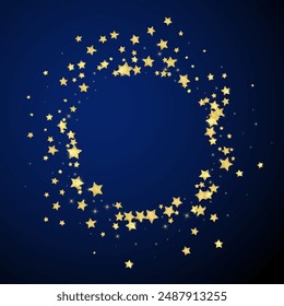 Magic stars vector overlay.  Gold stars scattered around randomly, falling down, floating.  Chaotic dreamy childish overlay template. Vector magic overlay  on dark blue background.