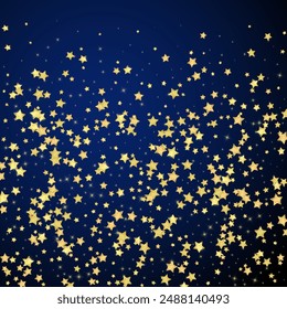 Magic stars vector overlay.  Gold stars scattered around randomly, falling down, floating.  Chaotic dreamy childish overlay template. Miraculous starry night vector  on dark blue background.