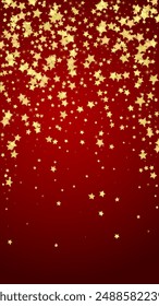 Magic stars vector overlay.  Gold stars scattered around randomly, falling down, floating.  Chaotic dreamy childish overlay template. Vector magic overlay  on red background.