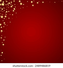 Magic stars vector overlay.  Gold stars scattered around randomly, falling down, floating.  Chaotic dreamy childish overlay template. Miraculous starry night vector  on red background.