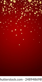 Magic stars vector overlay.  Gold stars scattered around randomly, falling down, floating.  Chaotic dreamy childish overlay template. Enchanting vector with magic stars on red background.