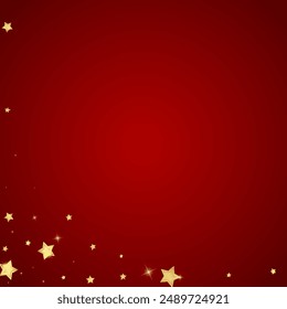 Superposición de Vector de estrellas mágicas.  Estrellas de oro esparcidas al azar, cayendo, flotando.  Caótica Plantilla infantil de ensueño. Vector de noche estrellado milagroso sobre fondo rojo.