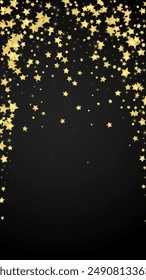 Magic stars vector overlay.  Gold stars scattered around randomly, falling down, floating.  Chaotic dreamy childish overlay template. Magical cartoon night sky on black background.
