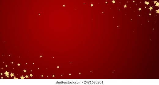 Magic stars vector overlay.  Gold stars scattered around randomly, falling down, floating.  Chaotic dreamy childish overlay template. Enchanting vector with magic stars on red background.