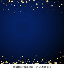 Superposición de Vector de estrellas mágicas.  Estrellas de oro esparcidas al azar, cayendo, flotando.  Caótica Plantilla infantil de ensueño. Cuento de hadas de Vector sobre fondo azul oscuro.