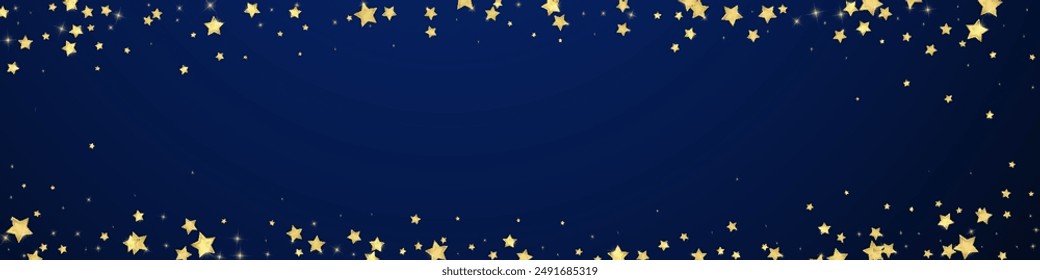 Superposición de Vector de estrellas mágicas.  Estrellas de oro esparcidas al azar, cayendo, flotando.  Plantilla de superposición infantil de ensueño caótico. sobre fondo azul oscuro.
