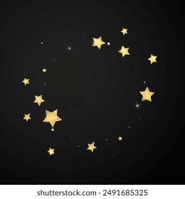 Superposición de Vector de estrellas mágicas.  Estrellas de oro esparcidas al azar, cayendo, flotando.  Caótica Plantilla infantil de ensueño. Vector mágico superpuesto sobre fondo negro.