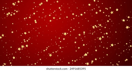 Magic stars vector overlay.  Gold stars scattered around randomly, falling down, floating.  Chaotic dreamy childish overlay template. Magical cartoon night sky on red background.