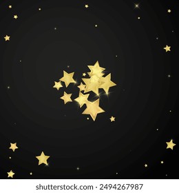 Magic stars vector overlay.  Gold stars scattered around randomly, falling down, floating.  Chaotic dreamy childish overlay template. Magical cartoon night sky on black background.