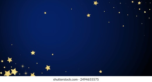 Magic stars vector overlay.  Gold stars scattered around randomly, falling down, floating.  Chaotic dreamy childish overlay template. Magical cartoon night sky on dark blue background.