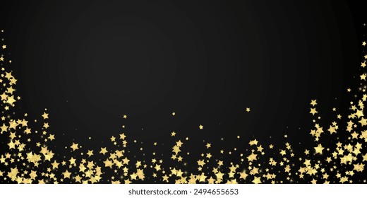 Magic stars vector overlay.  Gold stars scattered around randomly, falling down, floating.  Chaotic dreamy childish overlay template. Enchanting vector with magic stars on black background.