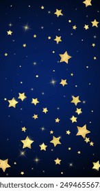 Magic stars vector overlay.  Gold stars scattered around randomly, falling down, floating.  Chaotic dreamy childish overlay template. Vector fairytale  on dark blue background.