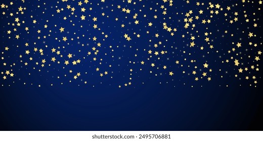 Magic stars vector overlay.  Gold stars scattered around randomly, falling down, floating.  Chaotic dreamy childish overlay template. Magical cartoon night sky on dark blue background.