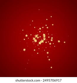 Magic stars vector overlay.  Gold stars scattered around randomly, falling down, floating.  Chaotic dreamy childish overlay template. Vector fairytale  on red background.