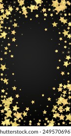 Magic stars vector overlay.  Gold stars scattered around randomly, falling down, floating.  Chaotic dreamy childish overlay template. Miraculous starry night vector  on black background.