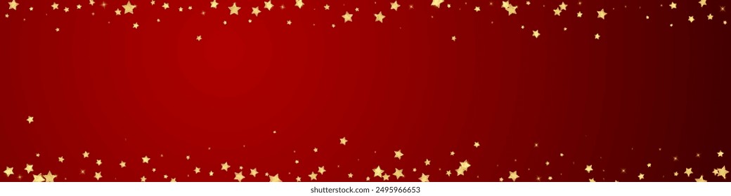 Magic stars vector overlay.  Gold stars scattered around randomly, falling down, floating.  Chaotic dreamy childish overlay template. Vector fairytale  on red background.