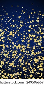 Magic stars vector overlay.  Gold stars scattered around randomly, falling down, floating.  Chaotic dreamy childish overlay template. Magical cartoon night sky on dark blue background.