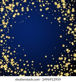 Magic stars vector overlay.  Gold stars scattered around randomly, falling down, floating.  Chaotic dreamy childish overlay template. Magical cartoon night sky on dark blue background.