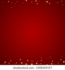 Magic stars vector overlay.  Gold stars scattered around randomly, falling down, floating.  Chaotic dreamy childish overlay template. Magical cartoon night sky on red background.