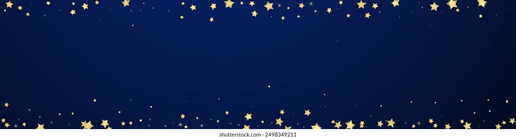 Magic stars vector overlay.  Gold stars scattered around randomly, falling down, floating.  Chaotic dreamy childish overlay template. Miraculous starry night vector  on dark blue background.