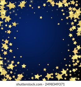 Magic stars vector overlay.  Gold stars scattered around randomly, falling down, floating.  Chaotic dreamy childish overlay template. Vector fairytale  on dark blue background.