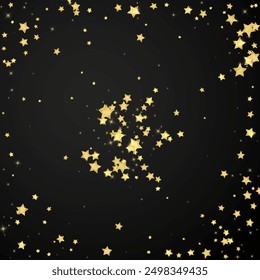 Magic stars vector overlay.  Gold stars scattered around randomly, falling down, floating.  Chaotic dreamy childish overlay template. Vector fairytale  on black background.