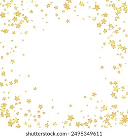 Magic stars vector overlay.  Gold stars scattered around randomly, falling down, floating.  Chaotic dreamy childish overlay template. Enchanting vector with magic stars on white background.