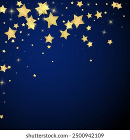 Superposición de Vector de estrellas mágicas.  Estrellas de oro esparcidas al azar, cayendo, flotando.  Caótica Plantilla infantil de ensueño. Cielo nocturno de dibujos animados mágicos sobre fondo azul oscuro.