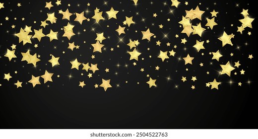 Superposición de Vector de estrellas mágicas.  Estrellas de oro esparcidas al azar, cayendo, flotando.  Caótica Plantilla infantil de ensueño. Vector mágico superpuesto sobre fondo negro.