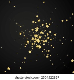 Magic stars vector overlay.  Gold stars scattered around randomly, falling down, floating.  Chaotic dreamy childish overlay template. Vector fairytale  on black background.