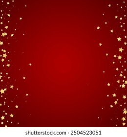 Magic stars vector overlay.  Gold stars scattered around randomly, falling down, floating.  Chaotic dreamy childish overlay template. Enchanting vector with magic stars on red background.