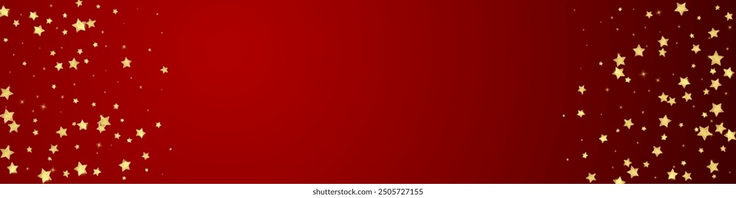 Magic stars vector overlay.  Gold stars scattered around randomly, falling down, floating.  Chaotic dreamy childish overlay template. Miraculous starry night vector  on red background.