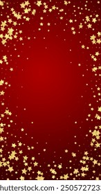 Magic stars vector overlay.  Gold stars scattered around randomly, falling down, floating.  Chaotic dreamy childish overlay template. Vector magic overlay  on red background.