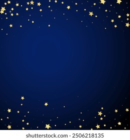 Magic stars vector overlay.  Gold stars scattered around randomly, falling down, floating.  Chaotic dreamy childish overlay template. on dark blue background.
