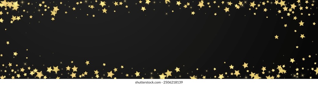 Magic stars vector overlay.  Gold stars scattered around randomly, falling down, floating.  Chaotic dreamy childish overlay template. Vector magic overlay  on black background.