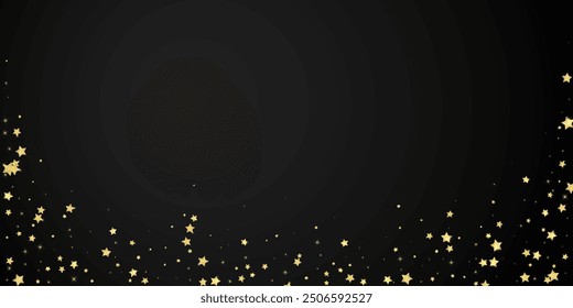 Superposición de Vector de estrellas mágicas.  Estrellas de oro esparcidas al azar, cayendo, flotando.  Caótica Plantilla infantil de ensueño. Cuento de hadas de Vector sobre fondo negro.